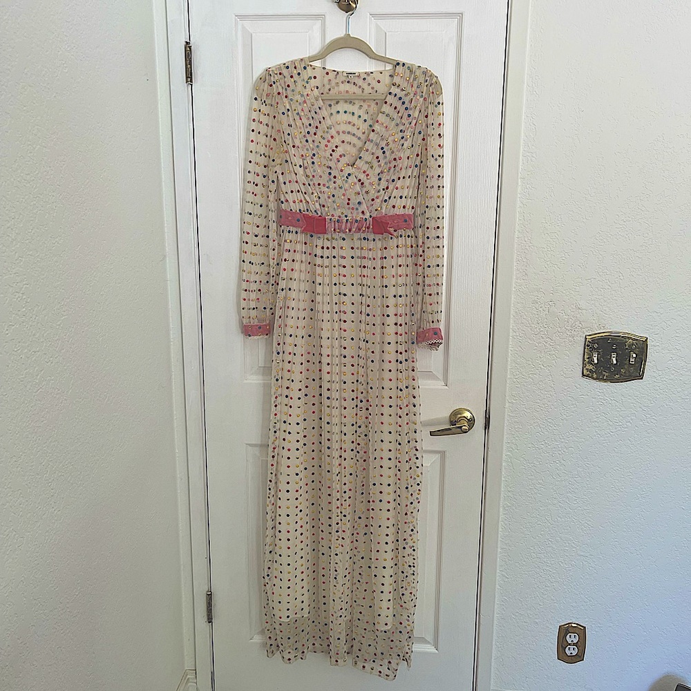 MANOUSH Polka Dot Multicolored Embroidered Maxi Dress with Velvet Detail